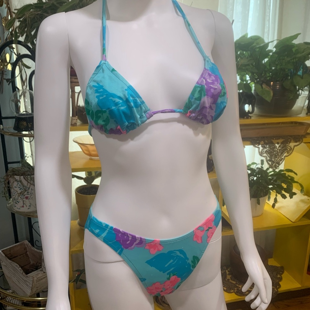 jcpenney Turquoise Floral Triangle Bikini Set with Pink & Purple Accents